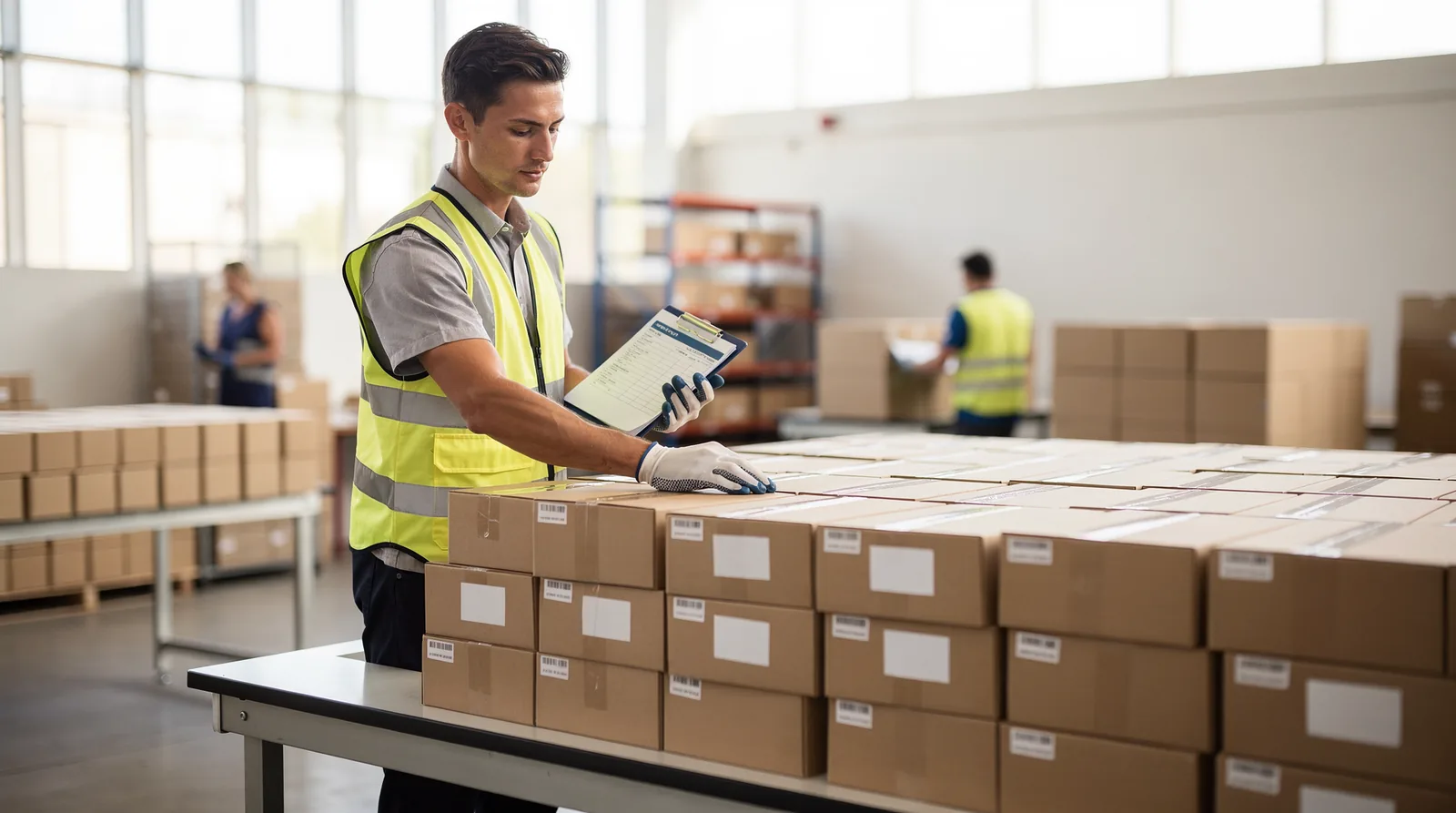 Warehouse staff packing bulk promotional product orders for shipment
